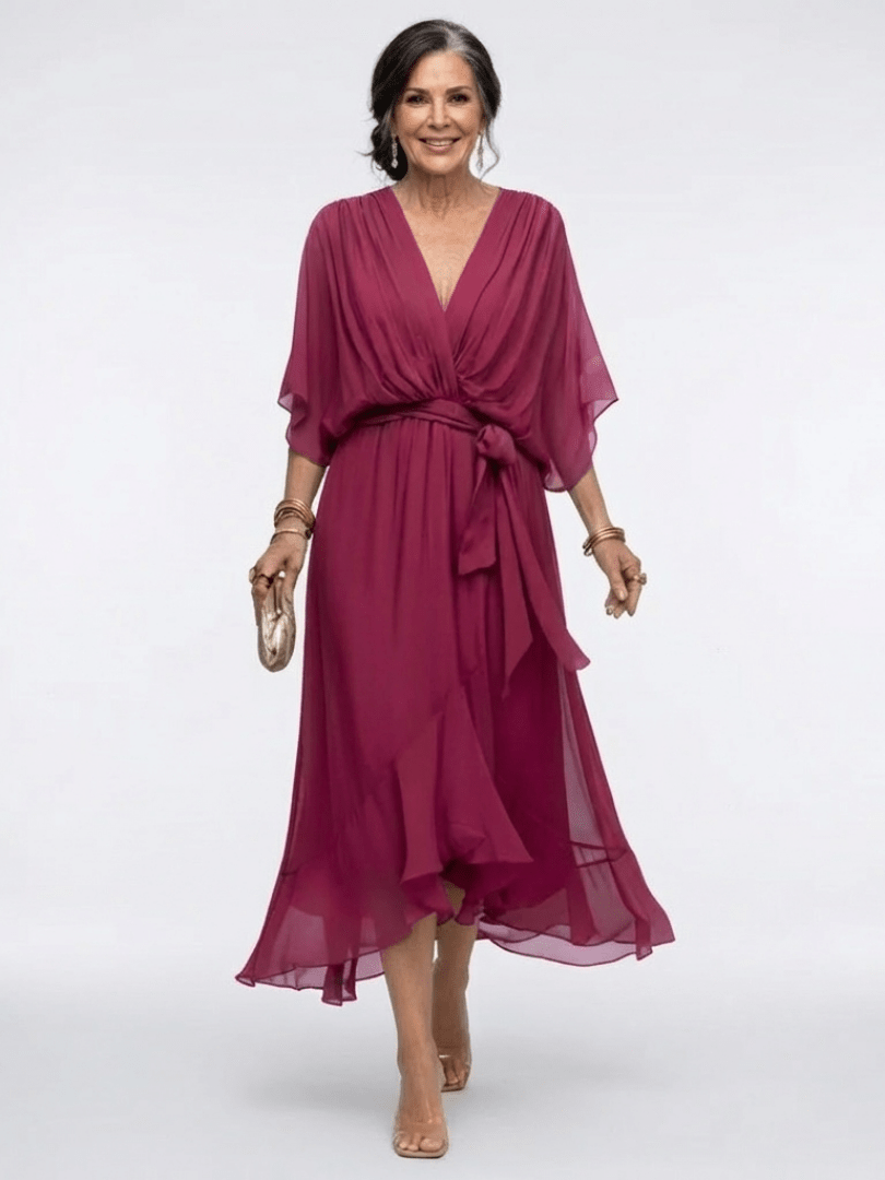 Elysia | V Neck Draped Waist Tie Midi Dress - Harry & Olivia Birmingham