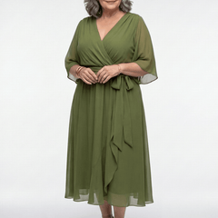 Elysia | V Neck Draped Waist Tie Midi Dress - Harry & Olivia Birmingham