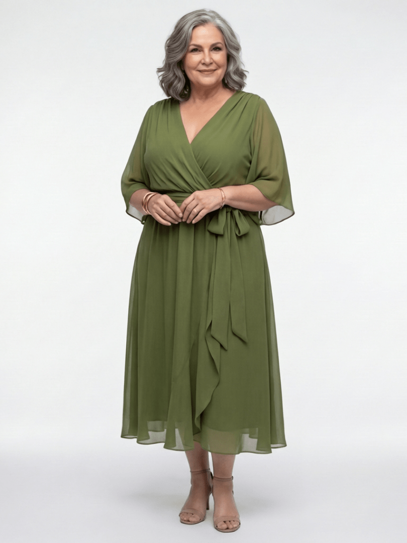 Elysia | V Neck Draped Waist Tie Midi Dress - Harry & Olivia Birmingham