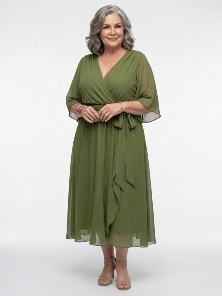 Elysia | V Neck Draped Waist Tie Midi Dress - Harry & Olivia Birmingham