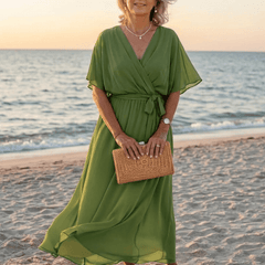 Elysia | V Neck Draped Waist Tie Midi Dress - Harry & Olivia Birmingham