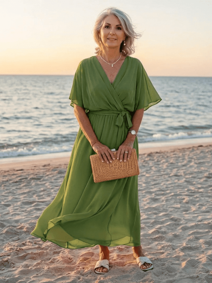 Elysia | V Neck Draped Waist Tie Midi Dress - Harry & Olivia Birmingham