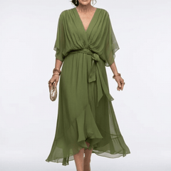 Elysia | V Neck Draped Waist Tie Midi Dress - Harry & Olivia Birmingham