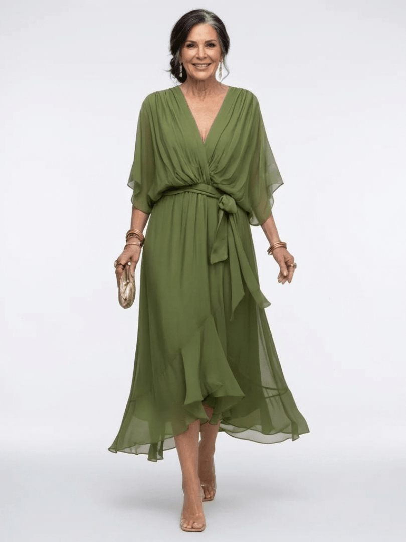Elysia | V Neck Draped Waist Tie Midi Dress - Harry & Olivia Birmingham