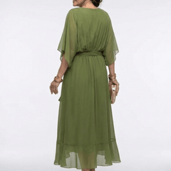 Elysia | V Neck Draped Waist Tie Midi Dress - Harry & Olivia Birmingham