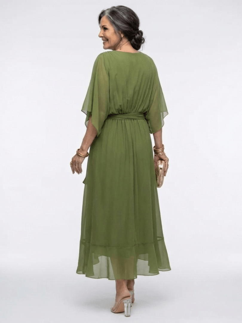 Elysia | V Neck Draped Waist Tie Midi Dress - Harry & Olivia Birmingham
