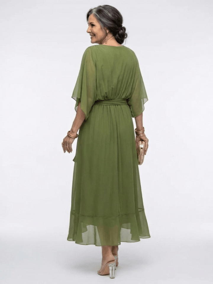 Elysia | V Neck Draped Waist Tie Midi Dress - Harry & Olivia Birmingham