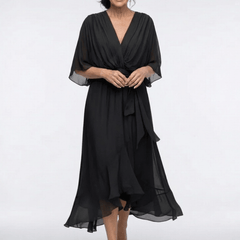 Elysia | V Neck Draped Waist Tie Midi Dress - Harry & Olivia Birmingham