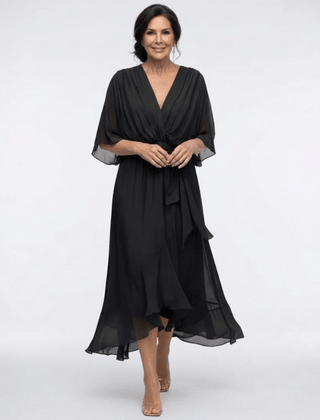 Elysia | V Neck Draped Waist Tie Midi Dress - Harry & Olivia Birmingham