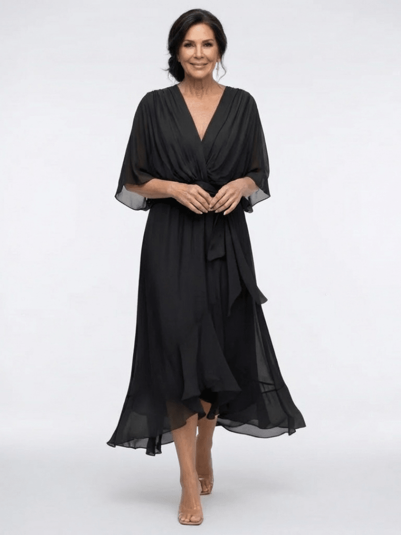 Elysia | V Neck Draped Waist Tie Midi Dress - Harry & Olivia Birmingham