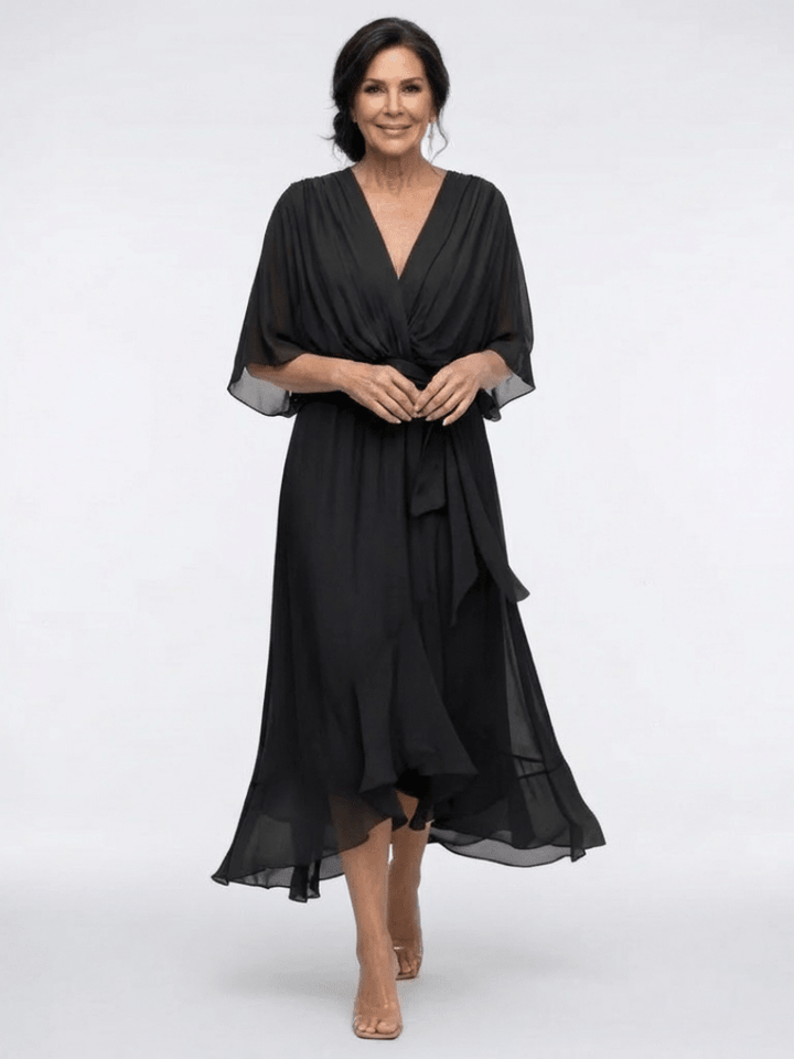 Elysia | V Neck Draped Waist Tie Midi Dress - Harry & Olivia Birmingham