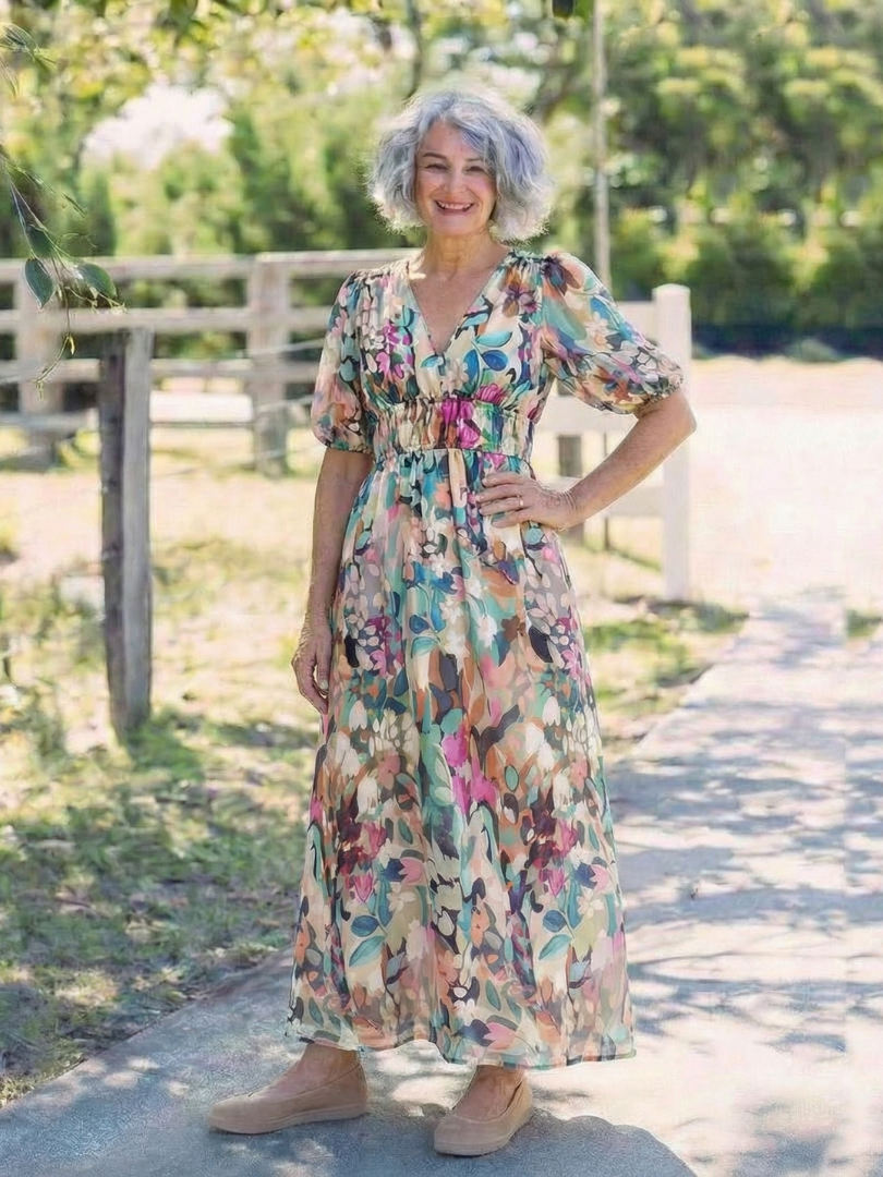 Eulalie | V Neck Short Sleeve Gathered Waist Midi Dress - Harry & Olivia Birmingham