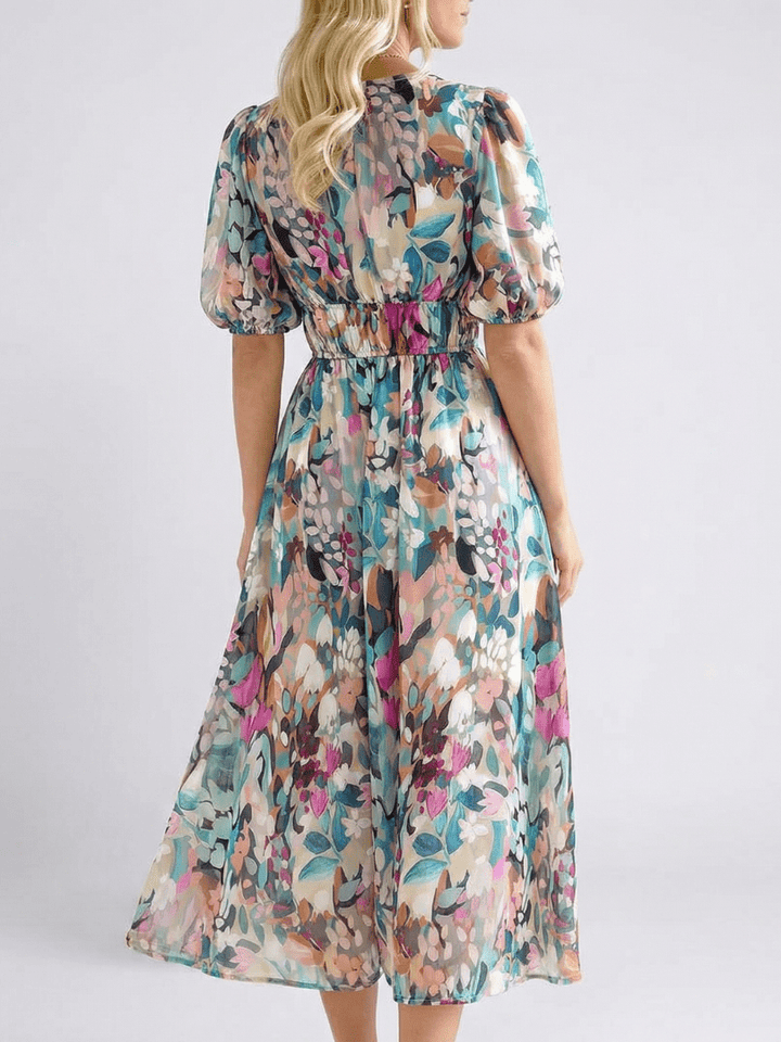 Eulalie | V Neck Short Sleeve Gathered Waist Midi Dress - Harry & Olivia Birmingham