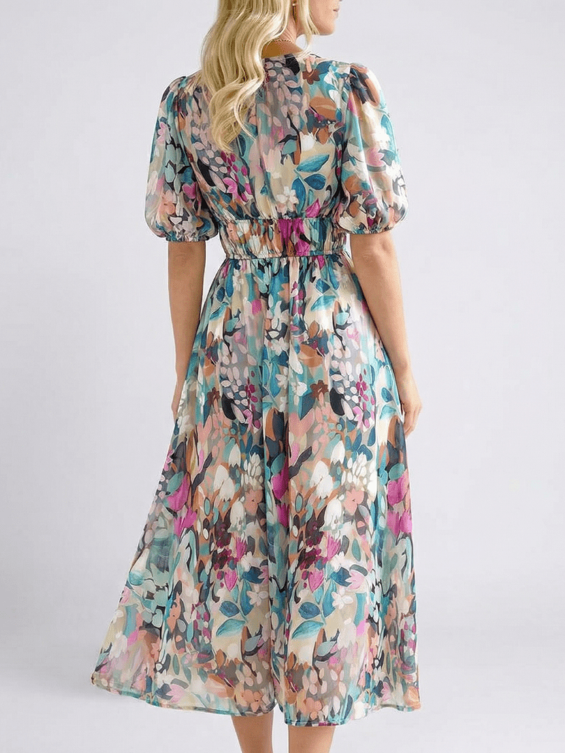 Eulalie | V Neck Short Sleeve Gathered Waist Midi Dress - Harry & Olivia Birmingham