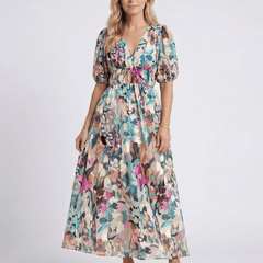 Eulalie | V Neck Short Sleeve Gathered Waist Midi Dress - Harry & Olivia Birmingham