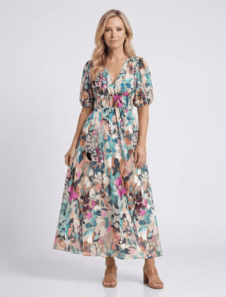 Eulalie | V Neck Short Sleeve Gathered Waist Midi Dress - Harry & Olivia Birmingham
