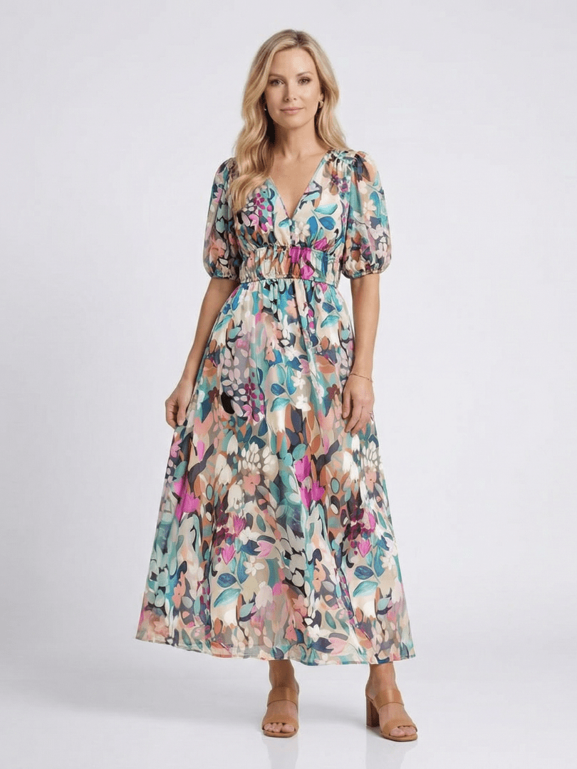 Eulalie | V Neck Short Sleeve Gathered Waist Midi Dress - Harry & Olivia Birmingham
