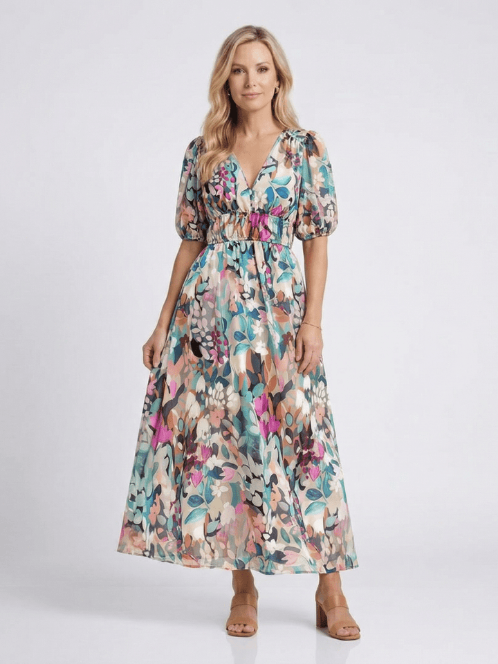 Eulalie | V Neck Short Sleeve Gathered Waist Midi Dress - Harry & Olivia Birmingham