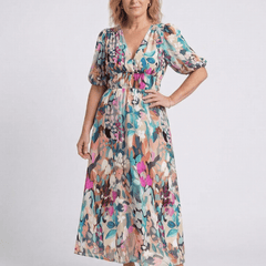 Eulalie | V Neck Short Sleeve Gathered Waist Midi Dress - Harry & Olivia Birmingham