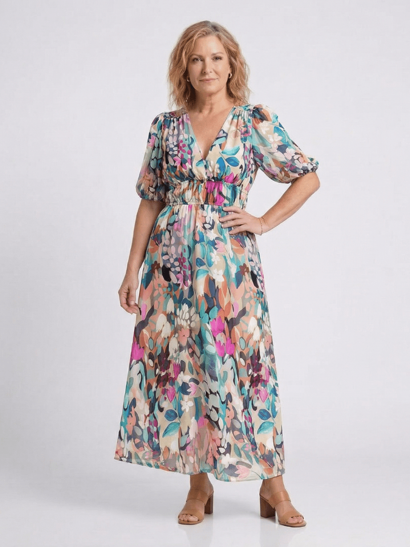 Eulalie | V Neck Short Sleeve Gathered Waist Midi Dress - Harry & Olivia Birmingham