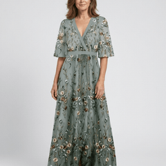Evadne | Floral V Neck Short Sleeve Maxi Dress - Harry & Olivia Birmingham