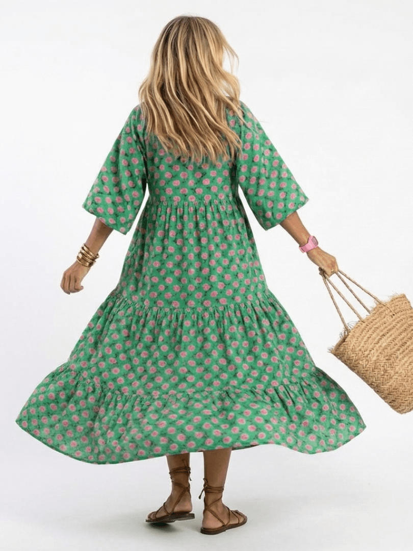 Fiora | Floral Print V Neck Tiered Midi Dress - Harry & Olivia Birmingham