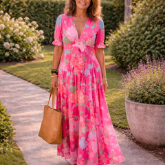 Ione | Short Sleeve V Neck Floral Midi Dress - Harry & Olivia Birmingham