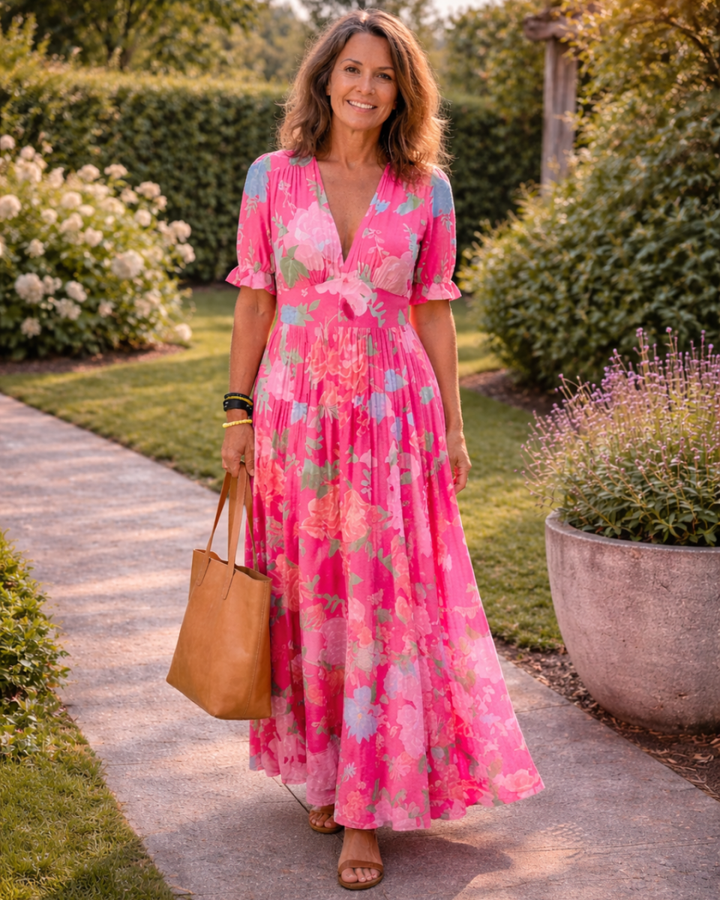 Ione | Short Sleeve V Neck Floral Midi Dress - Harry & Olivia Birmingham