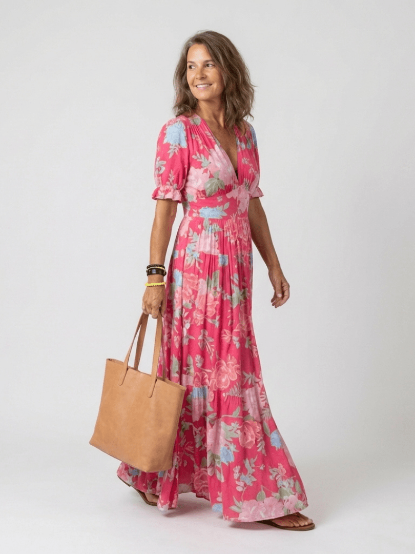 Ione | Short Sleeve V Neck Floral Midi Dress - Harry & Olivia Birmingham