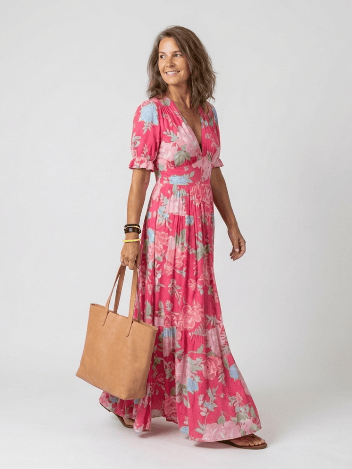 Ione | Short Sleeve V Neck Floral Midi Dress - Harry & Olivia Birmingham