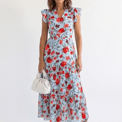 Lila | Floral V-Neck Tiered Midi Dress - Harry & Olivia Birmingham