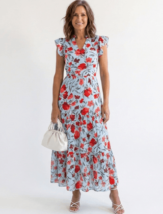 Lila | Floral V-Neck Tiered Midi Dress - Harry & Olivia Birmingham