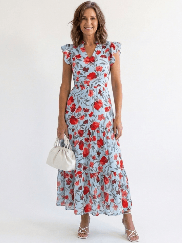 Lila | Floral V-Neck Tiered Midi Dress - Harry & Olivia Birmingham