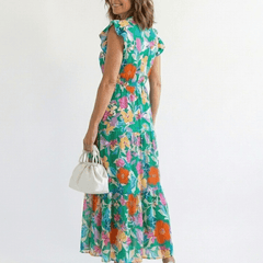 Lila | Floral V-Neck Tiered Midi Dress - Harry & Olivia Birmingham
