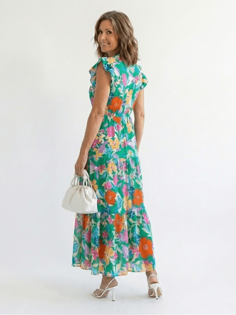 Lila | Floral V-Neck Tiered Midi Dress - Harry & Olivia Birmingham