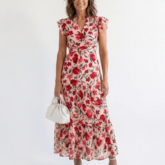 Lila | Floral V-Neck Tiered Midi Dress - Harry & Olivia Birmingham