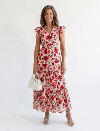 Lila | Floral V-Neck Tiered Midi Dress - Harry & Olivia Birmingham