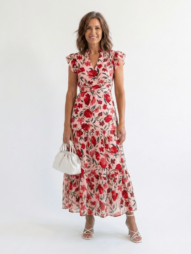Lila | Floral V-Neck Tiered Midi Dress - Harry & Olivia Birmingham