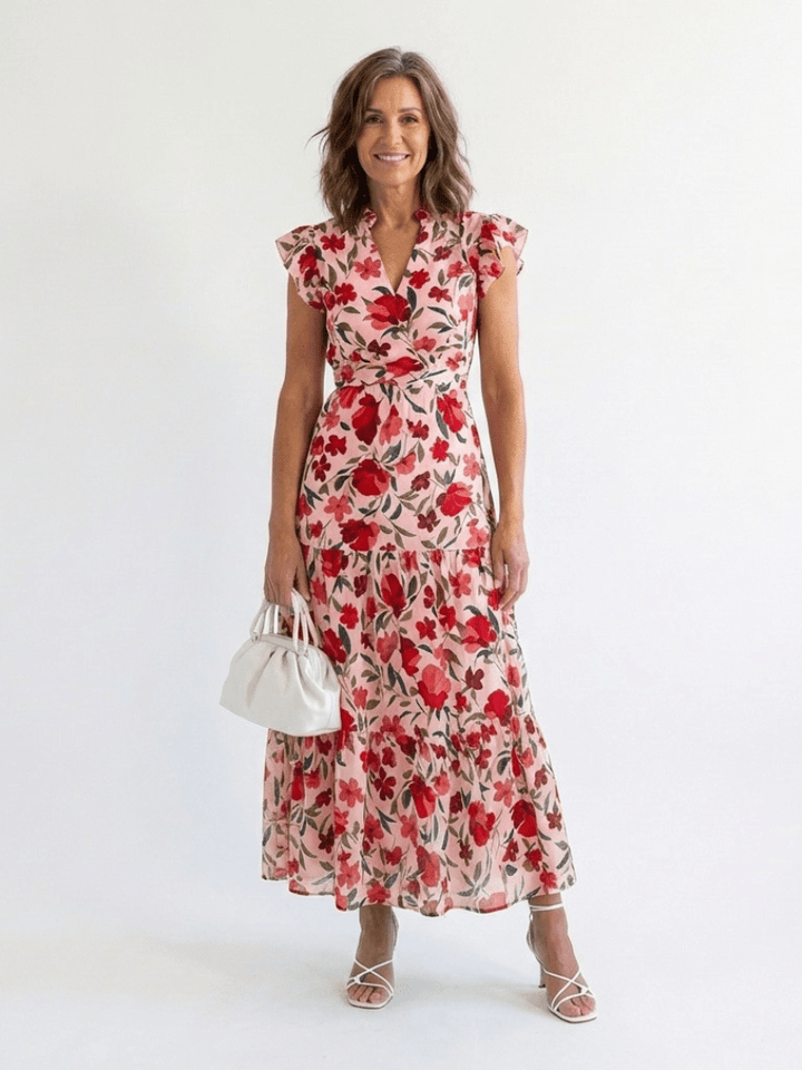 Lila | Floral V-Neck Tiered Midi Dress - Harry & Olivia Birmingham