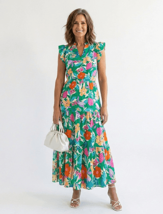 Lila | Floral V-Neck Tiered Midi Dress - Harry & Olivia Birmingham