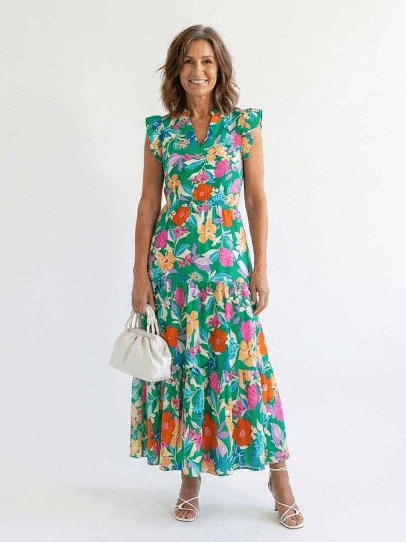 Lila | Floral V-Neck Tiered Midi Dress - Harry & Olivia Birmingham