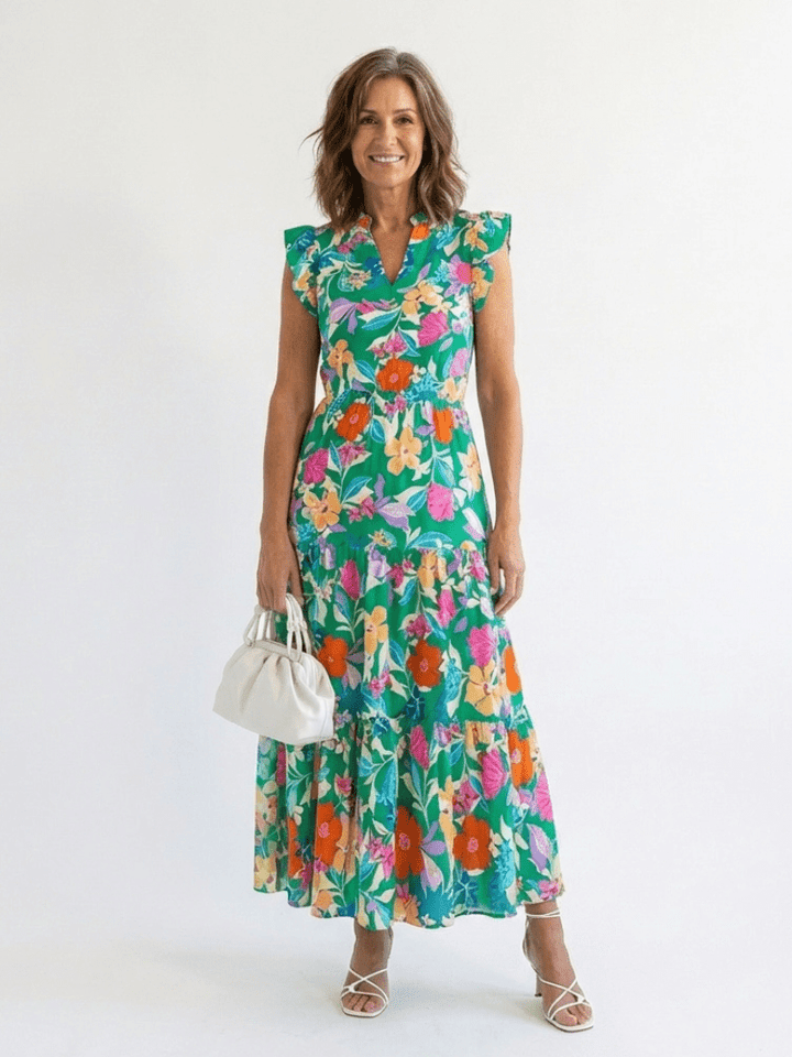 Lila | Floral V-Neck Tiered Midi Dress - Harry & Olivia Birmingham