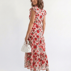 Lila | Floral V-Neck Tiered Midi Dress - Harry & Olivia Birmingham