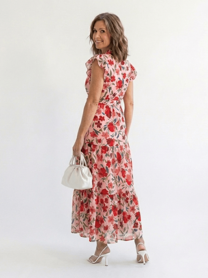 Lila | Floral V-Neck Tiered Midi Dress - Harry & Olivia Birmingham