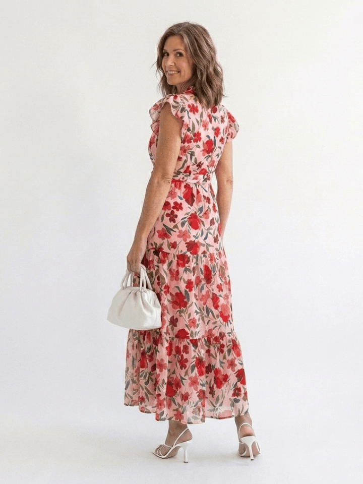 Lila | Floral V-Neck Tiered Midi Dress - Harry & Olivia Birmingham