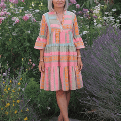 Maelle | Geometric Print V Neck Tiered Knee Length Dress - Harry & Olivia Birmingham