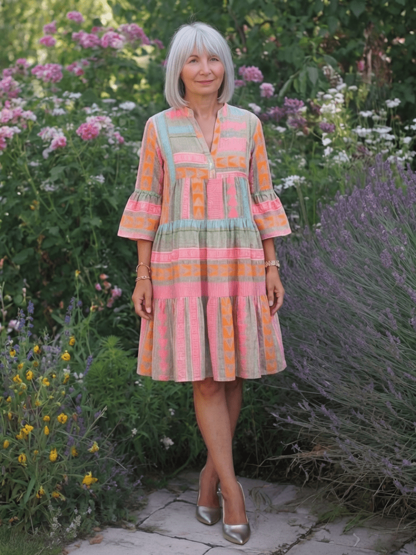 Maelle | Geometric Print V Neck Tiered Knee Length Dress - Harry & Olivia Birmingham