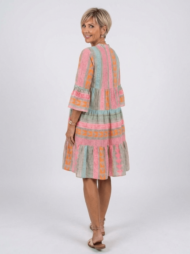 Maelle | Geometric Print V Neck Tiered Knee Length Dress - Harry & Olivia Birmingham