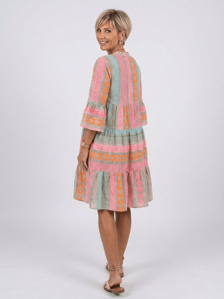 Maelle | Geometric Print V Neck Tiered Knee Length Dress - Harry & Olivia Birmingham