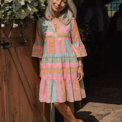 Maelle | Geometric Print V Neck Tiered Knee Length Dress - Harry & Olivia Birmingham